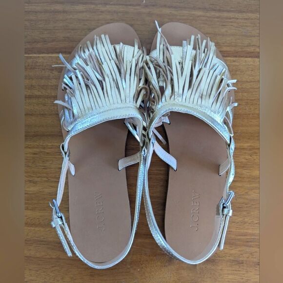 J. Crew Gold Leather Fringe Sandal 9 Festival Resort Boho Preppy Euro Summer - Picture 11 of 11